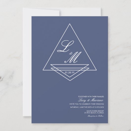 Elegant Blauw Bruiloftsschrift met Monogram Kaart (Voorkant)