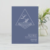 Elegant Blauw Bruiloftsschrift met Monogram Kaart (Staand voorkant)