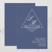 Elegant Blauw Bruiloftsschrift met Monogram Kaart (Voorkant / Achterkant)