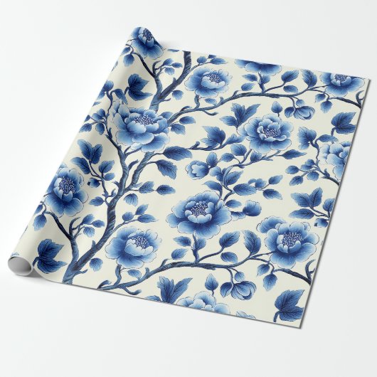 Elegant Blauw Chinoiserie Bloemenpatroon Ontwerp Cadeaupapier (Uitgerold)