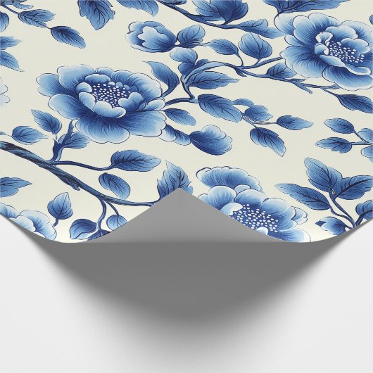 Elegant Blauw Chinoiserie Bloemenpatroon Ontwerp Cadeaupapier (Hoek)