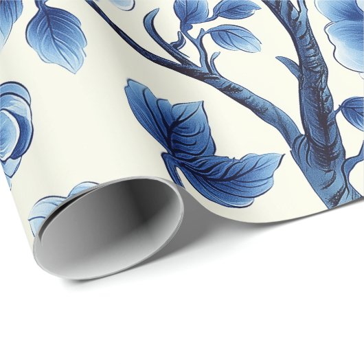 Elegant Blauw Chinoiserie Bloemenpatroon Ontwerp Cadeaupapier (Rol Hoek)