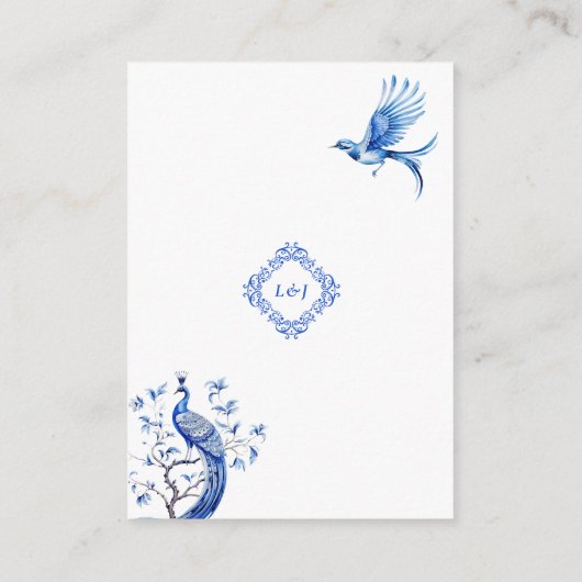 Elegant blauw chinoiserie bruiloft informatiekaartje (Achterkant)
