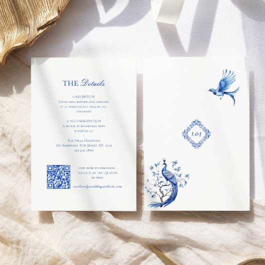 Elegant blauw chinoiserie bruiloft informatiekaartje