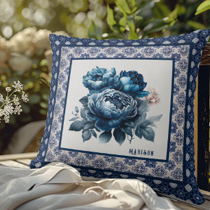 Elegant Blauw Chinoiserie Toile Bloemmotief Monogr Kussen