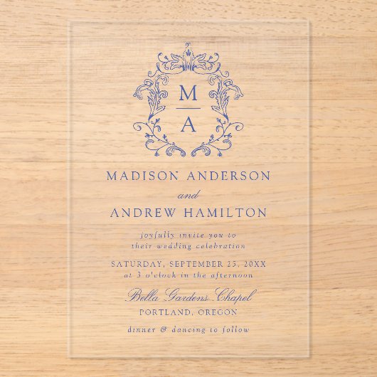 Elegant Blauw Chinoiserie Victoriaans Bloemenbruil Acryl Uitnodigingen (Voorkant)