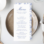 Elegant Blauw Chinoiserie Victoriaans Bloemenbruil Menu<br><div class="desc">Creëer een prachtige eetervaring met onze Elegant Blue Chinoiserie Floral huwelijksmenu. Met elegante blauwe kalligrafie op een heldere witte achtergrond, biedt dit aanpasbare menu koppels de mogelijkheid om hun namen, trouwdatum en gepersonaliseerde menu-aanbiedingen toe te voegen. De achterkant toont een prachtig blauw en wit Chinoiserie-bloemmotief, waardoor je een tijdloze en...</div>