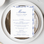 Elegant Blauw Chinoiserie Victoriaans Bloemenbruil Menu<br><div class="desc">Verhoog uw bruiloft receptie met onze Elegant Blue Chinoiserie Floral bruiloft menu. Ontworpen met sierlijke blauwe kalligrafie op een schone witte achtergrond, is dit menu volledig aanpasbaar met uw namen, trouwdatum en menudetails. De achterkant heeft een prachtig blauw en wit Chinoiserie-bloemmotief, waardoor je een vleugje klassieke elegantie toevoegt aan je...</div>