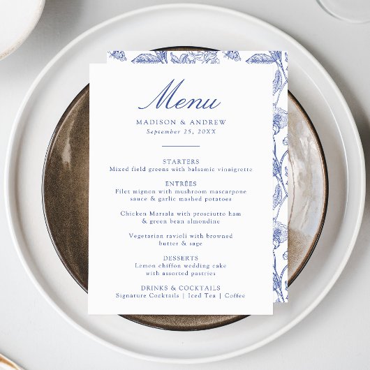 Elegant Blauw Chinoiserie Victoriaans Bloemenbruil Menu