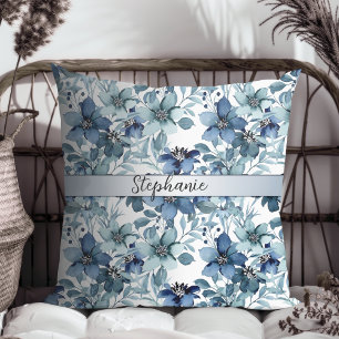 Elegant Blauw Chintz Patroon Monogram Kussen