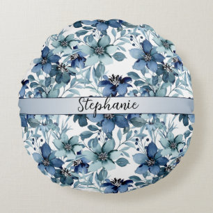 Elegant Blauw Chintz Patroon Monogram Rond Kussen