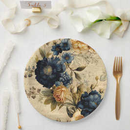 Elegant Blauw Crème Bloemmotief Papieren Bordje