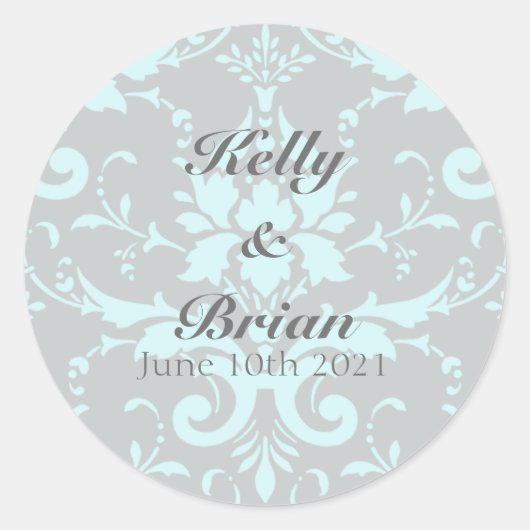 Elegant Blauw Damask Bruiloft Stickers (Voorkant)