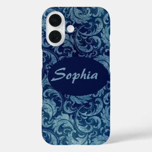 Elegant blauw Damaskpatroon iPhone 16 Hoesje
