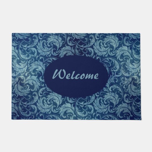 Elegant blauw Damaskpatroon Deurmat (Voorkant)