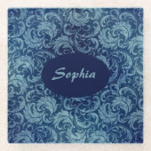 Elegant blauw Damaskpatroon Glazen Onderzetter (Voorkant)