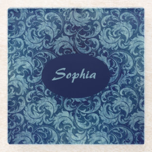 Elegant blauw  Damaskpatroon Glazen Onderzetter