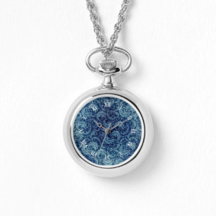 Elegant blauw  Damaskpatroon Horloge