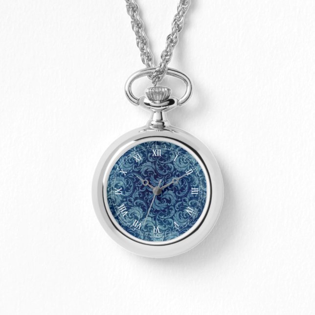 Elegant blauw  Damaskpatroon Horloge (Voorkant)