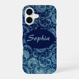 Elegant blauw Damaskpatroon iPhone 16 Hoesje
