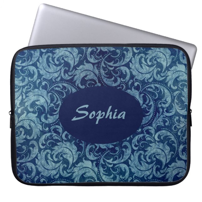 Elegant blauw  Damaskpatroon Laptop Sleeve (Voorkant)