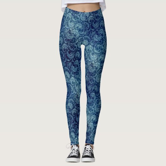 Elegant blauw  Damaskpatroon Leggings (Voorkant)