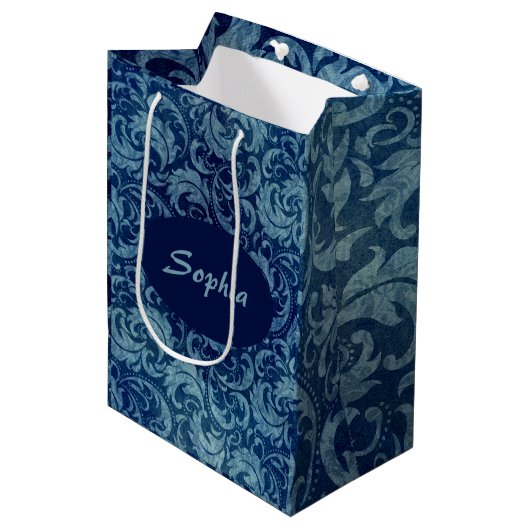 Elegant blauw  Damaskpatroon Medium Cadeauzakje (Voorkant Gekanteld)