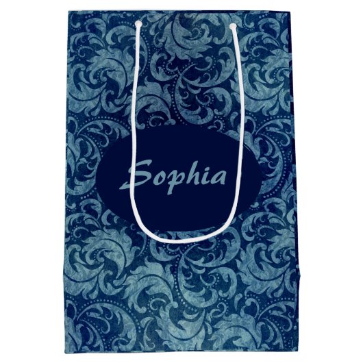 Elegant blauw  Damaskpatroon Medium Cadeauzakje (Achterkant)