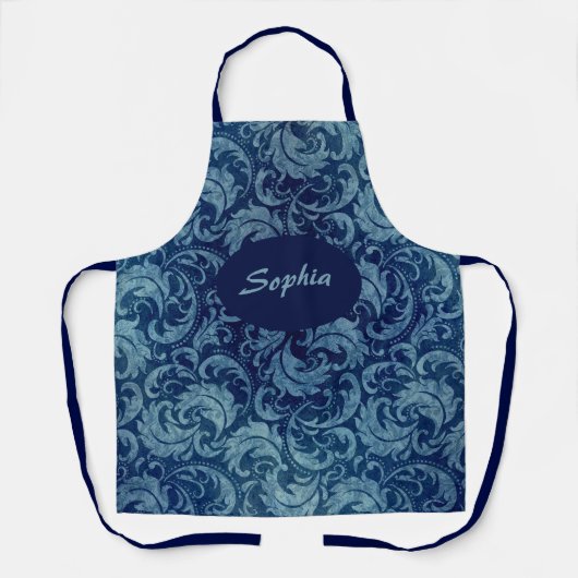 Elegant blauw  Damaskpatroon Schort (Voorkant)