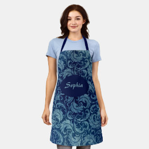 Elegant blauw  Damaskpatroon Schort