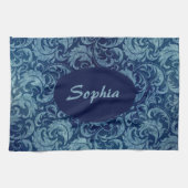 Elegant blauw Damaskpatroon Theedoek (Horizontaal)