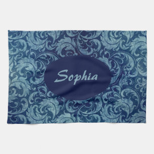 Elegant blauw  Damaskpatroon Theedoek