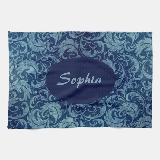 Elegant blauw Damaskpatroon Theedoek (Horizontaal)