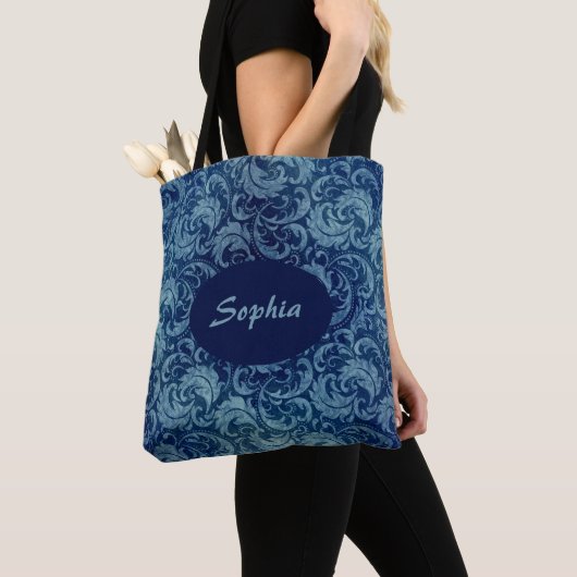 Elegant blauw  Damaskpatroon Tote Bag (Dichtbij)