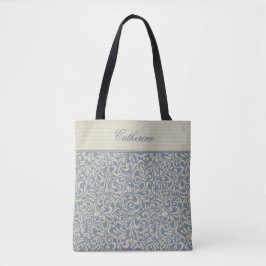 Elegant blauw Damaspatroon met aangepaste tekst Tote Bag