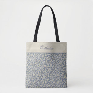 Elegant blauw Damaspatroon met aangepaste tekst Tote Bag