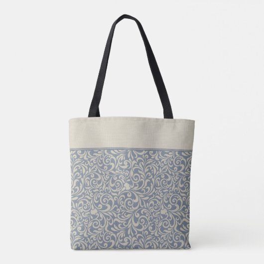 Elegant blauw Damaspatroon met aangepaste tekst Tote Bag (Achterkant)