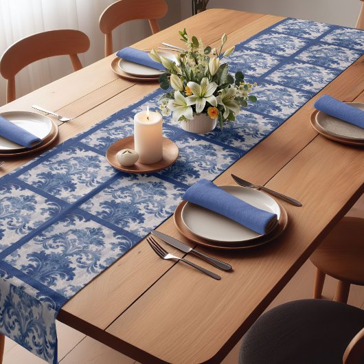 Elegant  Blauw damast herhalen patroon Korte Tafelloper