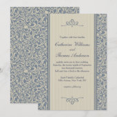 Elegant Blauw Damast Patroon Bruiloft Uitnodiging (Voorkant / Achterkant)