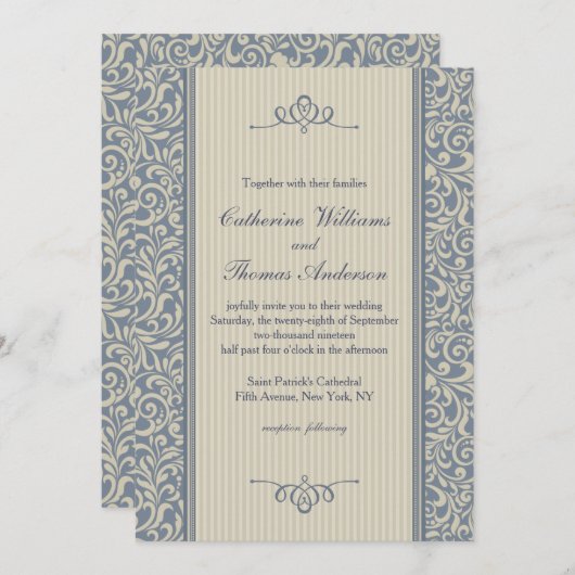 Elegant Blauw Damast Patroon Bruiloft Uitnodiging (Voorkant / Achterkant)