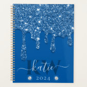 Elegant Blauw Druppelende Glitter Monogram Planner (Voorkant)