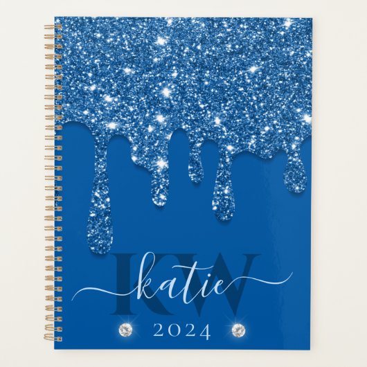 Elegant Blauw Druppelende Glitter Monogram Planner (Voorkant)