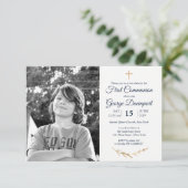 Elegant Blauw Eerste Communie aangepaste foto Kaart (Staand voorkant)