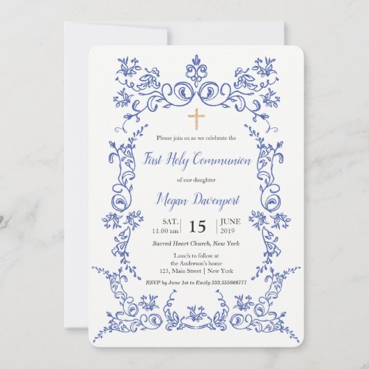 Elegant Blauw Eerste Heilige Communie Kaart (Voorkant)
