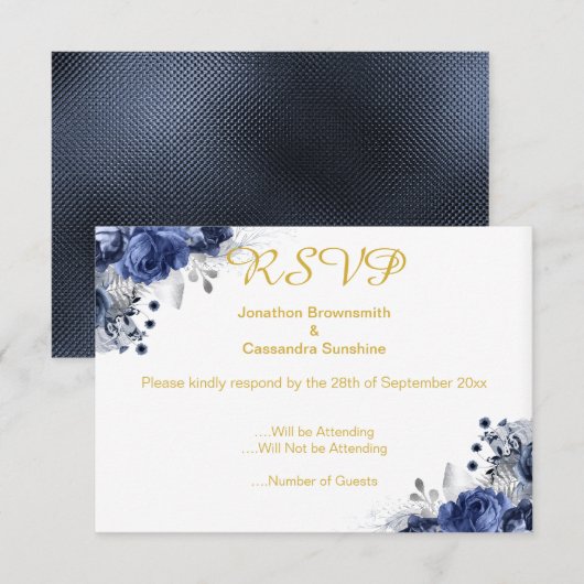 ELEGANT BLAUW EMBOSSED ROOS RSVP INVITATIE KAART (Voorkant / Achterkant)