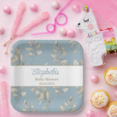 Elegant blauw en beige bladeren Baby shower Papieren Bordje (Feest)