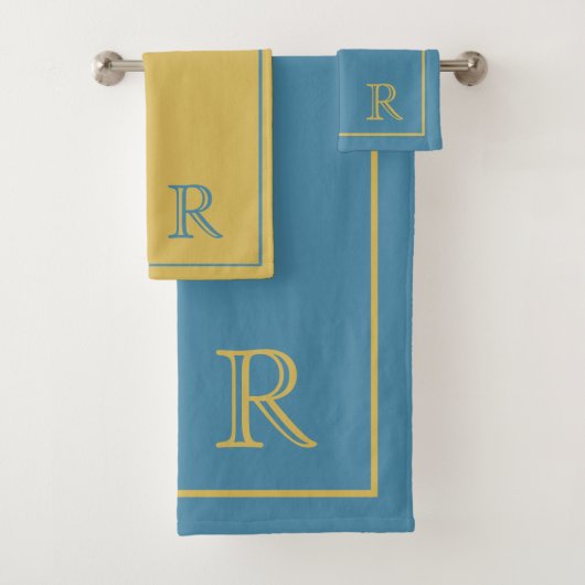 Elegant blauw en beige script monogrampatroon bad handdoek (Insitu)
