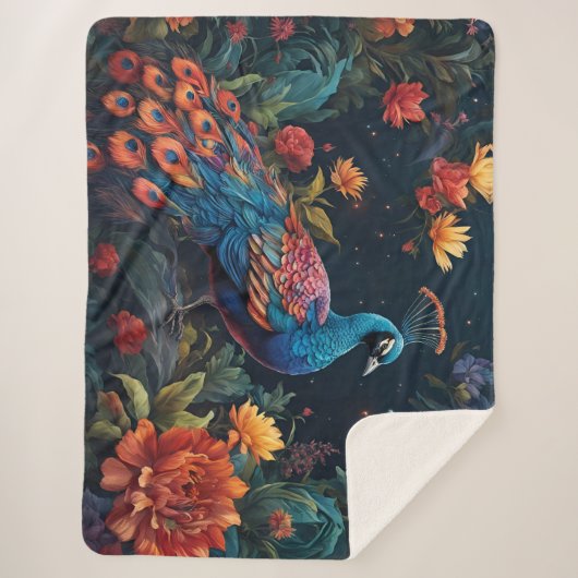 Elegant Blauw en bereik Peacock Star Gevulde Tuin Sherpa Deken (Voorkant)