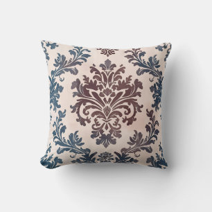 Elegant blauw en bordeaux damastpatroon kussen