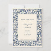 Elegant blauw en crème bloemige  stijl save the date (Voorkant)